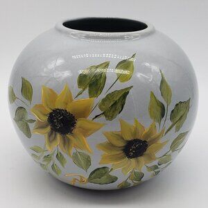Signed Grey Hand Painted Yellow Sunflower Greenery Ceramic Vase - 5" (H)